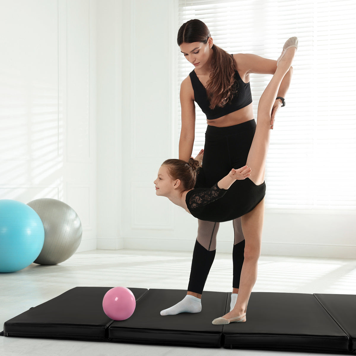 Folding Gymnastics Mat with Carry Handles, Hook and Loop Fasteners-Black