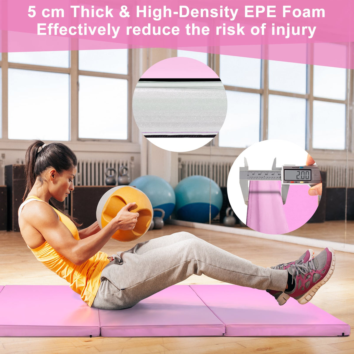 Folding Gymnastics Mat with Carry Handles, Hook and Loop Fasteners-Pink