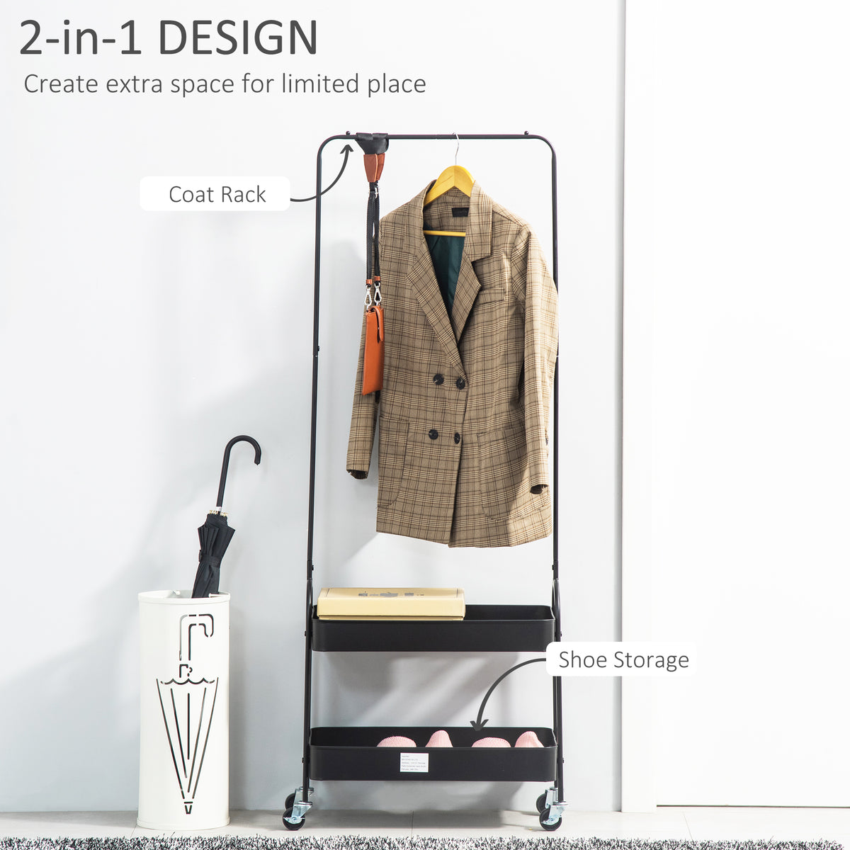 HOMCOM Metal Clothes Rack with Shoe Storage in Black