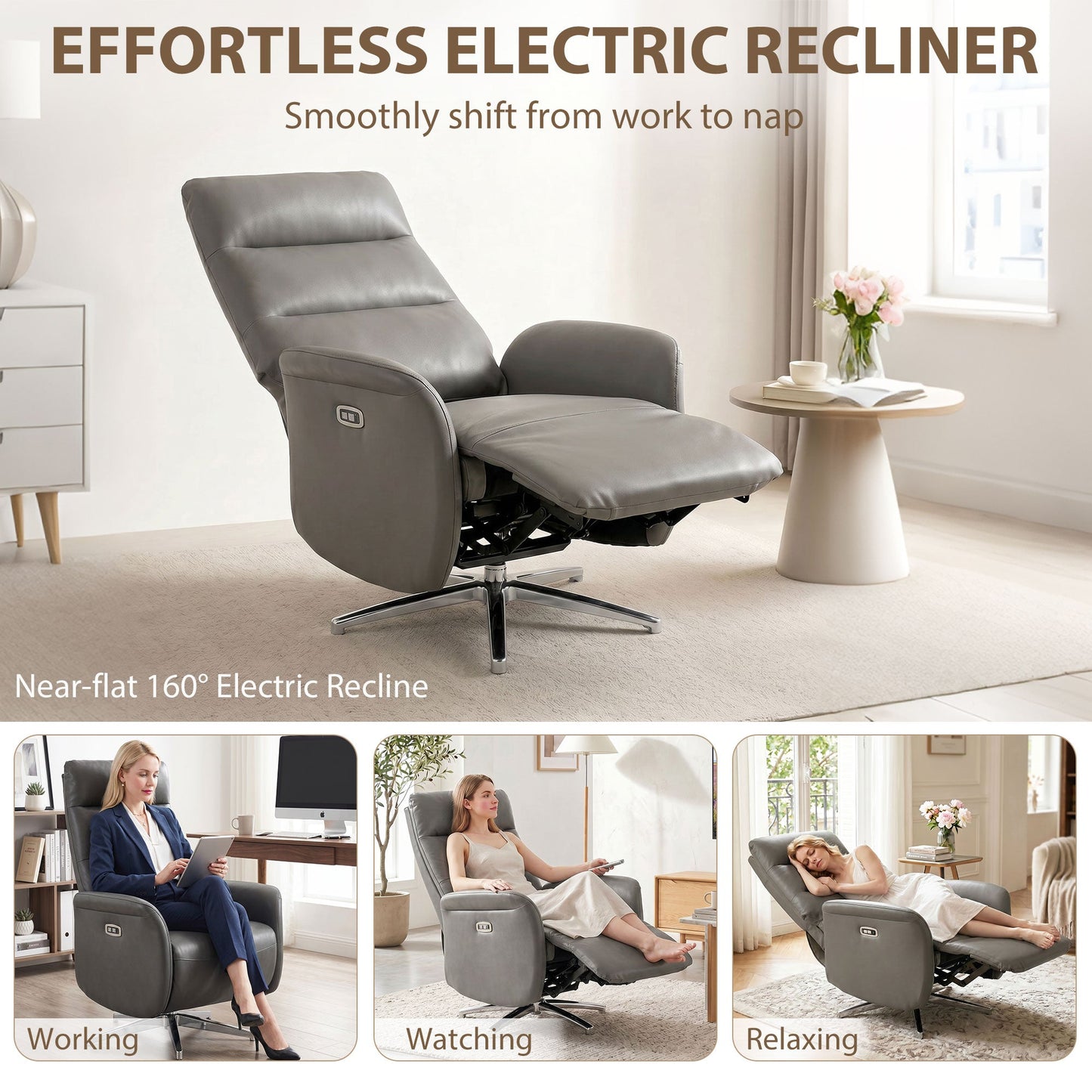 HOMCOM Power Recliner Chair, Swivel Electric Reclining Chair with Type C+USB, Recliner Armchair with Footrest, Dark Grey