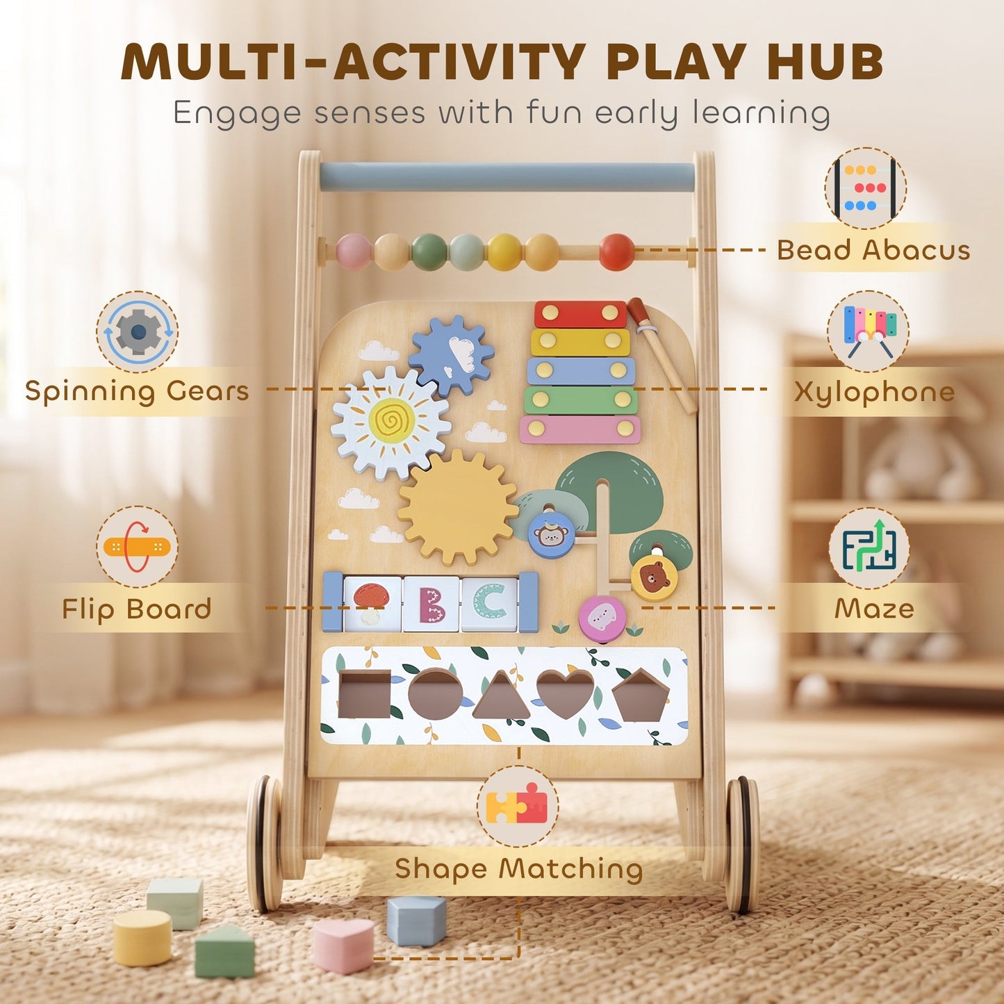 AIYAPLAY Wooden Baby Walker, Toddler Push Along Walker with Speed Control, Activity Centre and 5 Blocks for 18 Months+, Natural