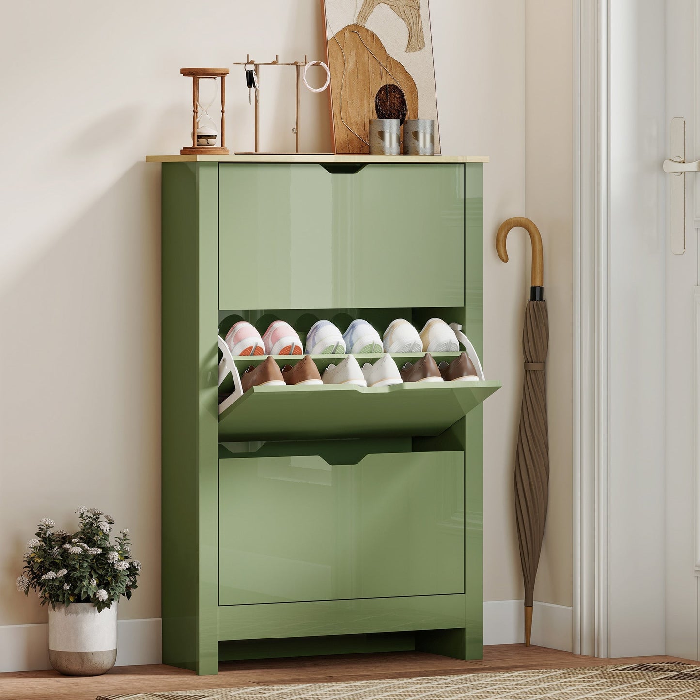 HOMCOM Slim Shoe Cabinet, Narrow Shoe Cupboard with 3 Flip Drawers, Adjustable Shelves for 18 Pairs of Shoes, High Gloss Green