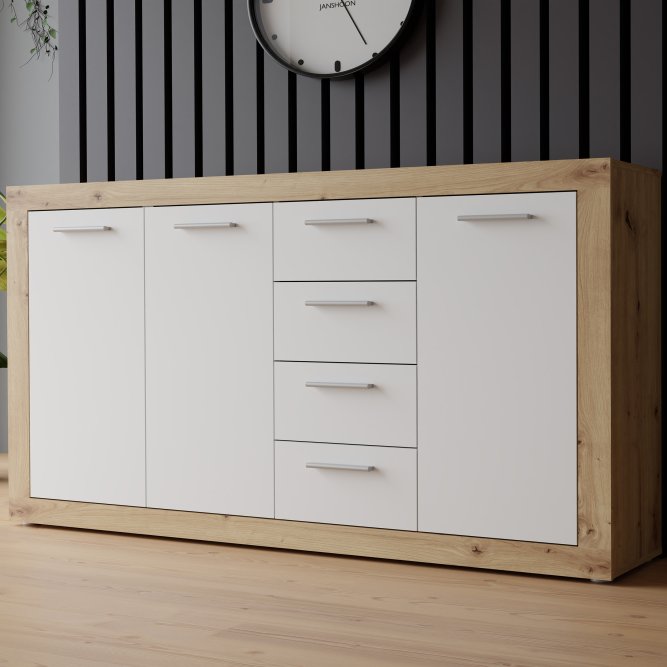 Baccio 153cm 3 Door 4 Drawer Sideboard (BCCK241) in Artisan Oak and White