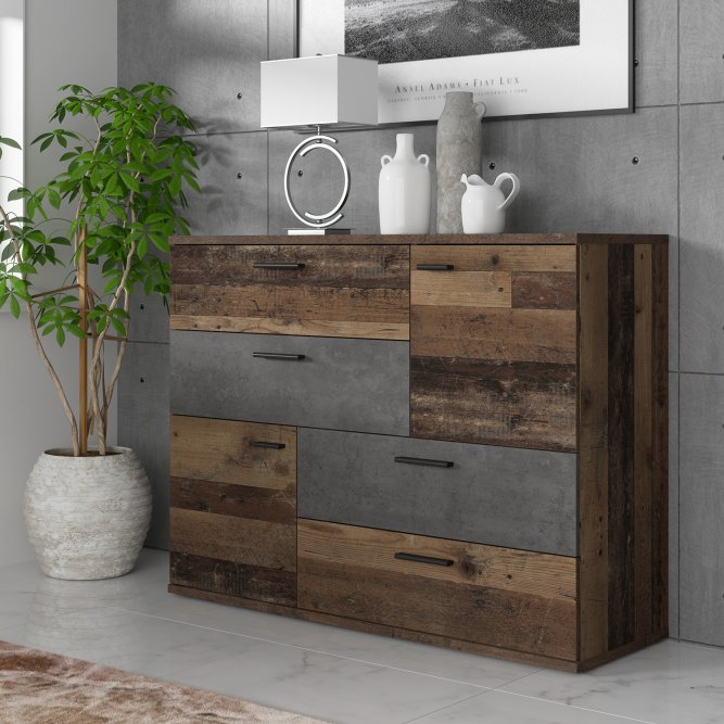 Skive 125cm 2 Door 4 Drawer Sideboard (SKVK46) in Old Wood Vintage and Dark Grey Concrete