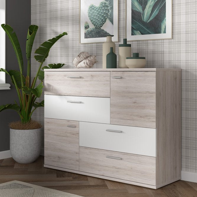 Skive 125cm 2 Door 4 Drawer Sideboard (SKVK46) in Sand Oak and White