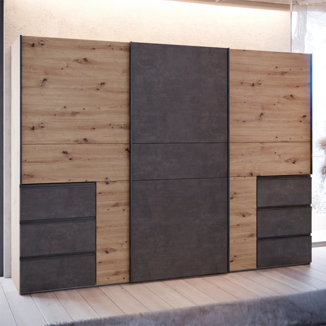 Winn II Sliding Door Wardrobe with Drawers 270cm in Oak Artisan and Dark Concrete Grey