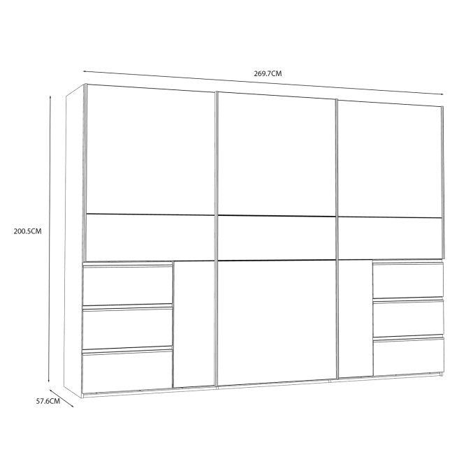 Winn II Sliding Mirrored Door Wardrobe with Drawers 270cm in White