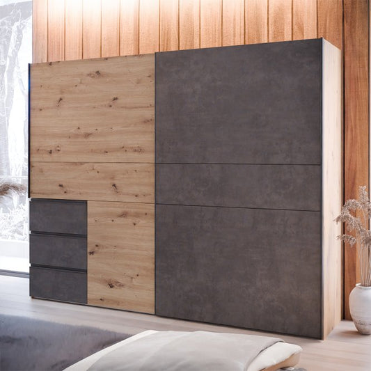 Winn II Sliding Door Wardrobe with Drawers 250cm in Oak Artisan and Dark Concrete Grey