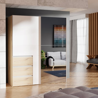 Winn II Sliding Mirrored Door Wardrobe with Drawers 170cm in White and Oak Artisan