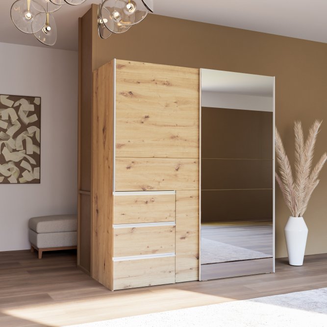 Winn II Sliding Mirrored Door Wardrobe with Drawers 170cm in Oak Artisan and Dark Concrete Grey