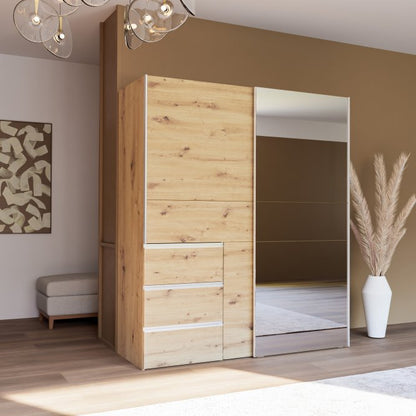 Winn II Sliding Mirrored Door Wardrobe with Drawers 170cm in Oak Artisan and Dark Concrete Grey
