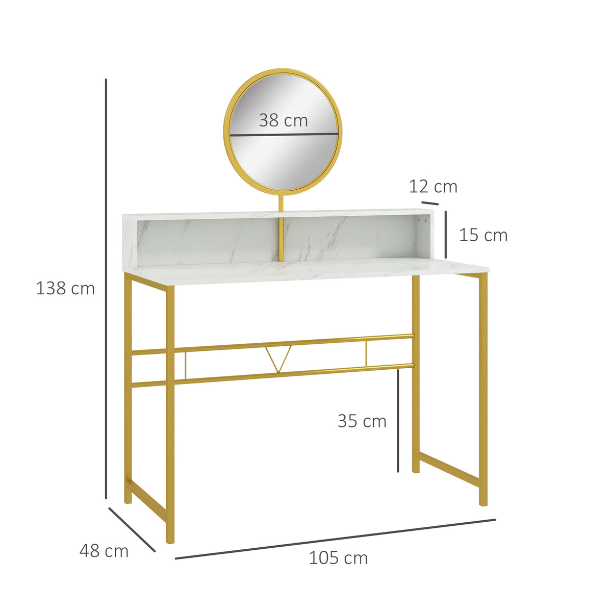 HOMCOM Modern Dressing Table with Round Mirror in White and Golden