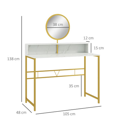 HOMCOM Modern Dressing Table with Round Mirror in White and Golden