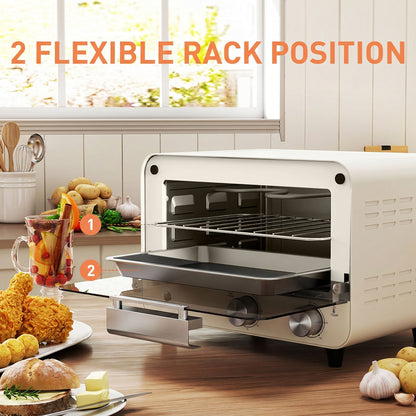 HOMCOM Mini Oven, Small Toaster Oven with Glass Door, Adjustable Temperature and Timer, Accessory Included, 750W, Cream White
