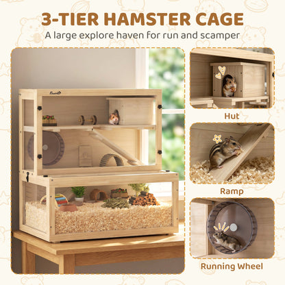 PawHut Wooden Hamster Cage with Hut, Wheel, Ramps, Removable Viewing Panels, 80 x 50 x 84 cm, Natural