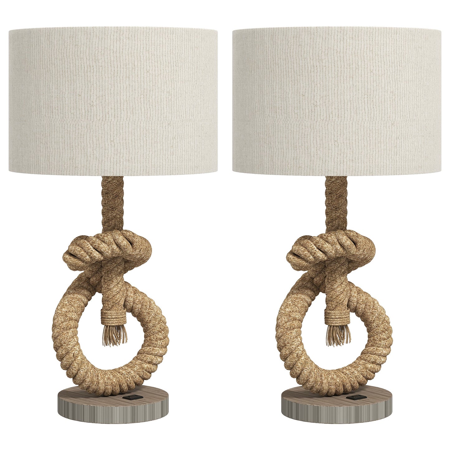 HOMCOM Nautical Table Lamps Set of 2 with USB Charging Port, Bedside Lamps for Bedroom Living Room, Warm White LED Bulb Included, with Hemp Rope, Natural