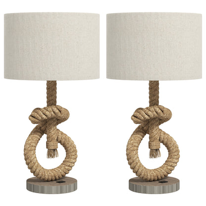 HOMCOM Nautical Table Lamps Set of 2 with USB Charging Port, Bedside Lamps for Bedroom Living Room, Warm White LED Bulb Included, with Hemp Rope, Natural
