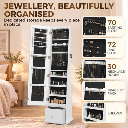 HOMCOM Swivel Jewelry Cabinet with LED Lights, Lockable Standing Full Length Mirror with Storage, 3-Colour Dimmable, White