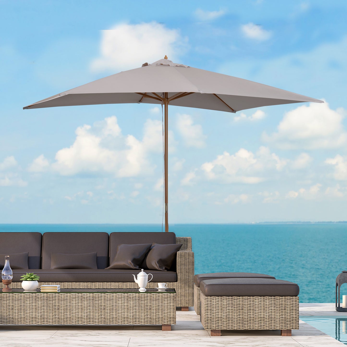 Outsunny 2 x 3m Wooden Garden Parasol Umbrella Outdoor Sun Shade Canopy, Table Market Umbrella with Vent, 38 mm Pole, Rope Pulley Mechanism, Light Grey