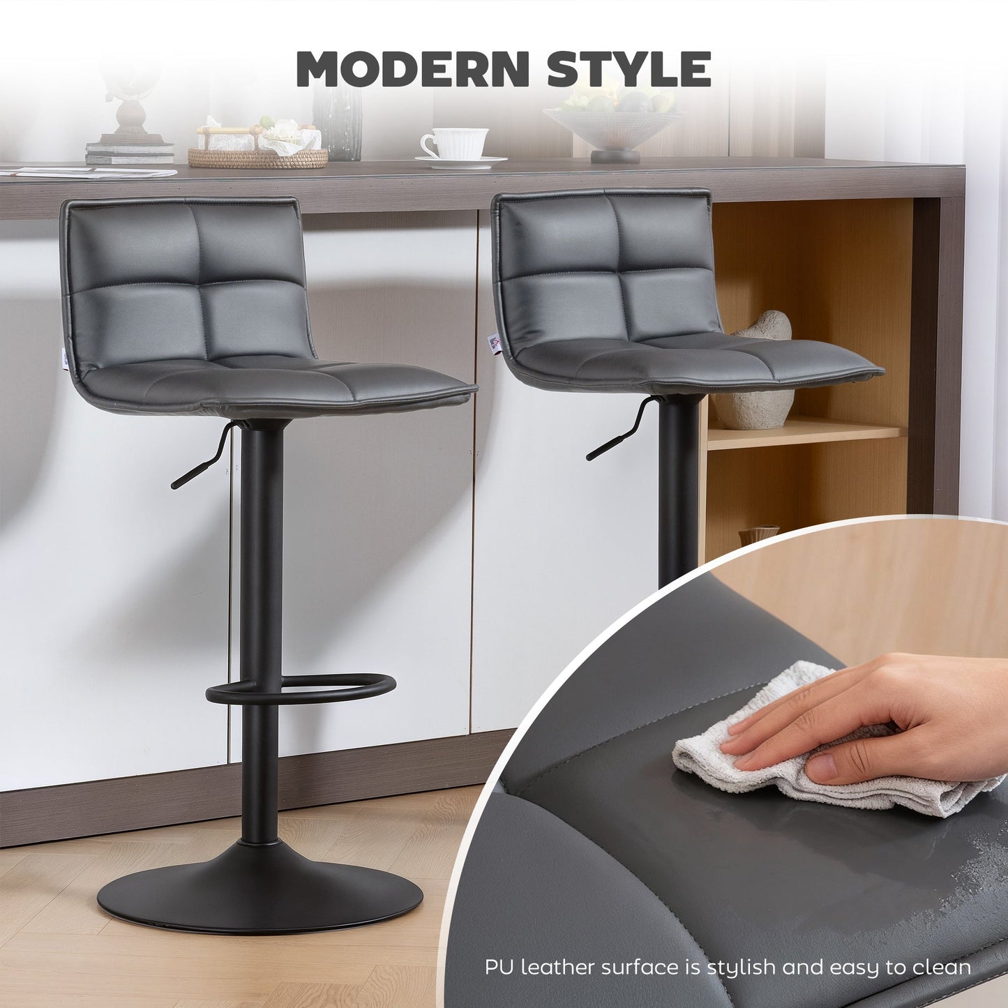 HOMCOM Set of Two Modern Faux Leather Bar Stools - Dark Grey