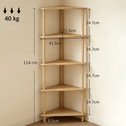 HOMCOM Bamboo Storage Shelf, 5-tier Corner Shelf, Freestanding Shelving Unit for Living Room, Home Office, Natural Wood Finish