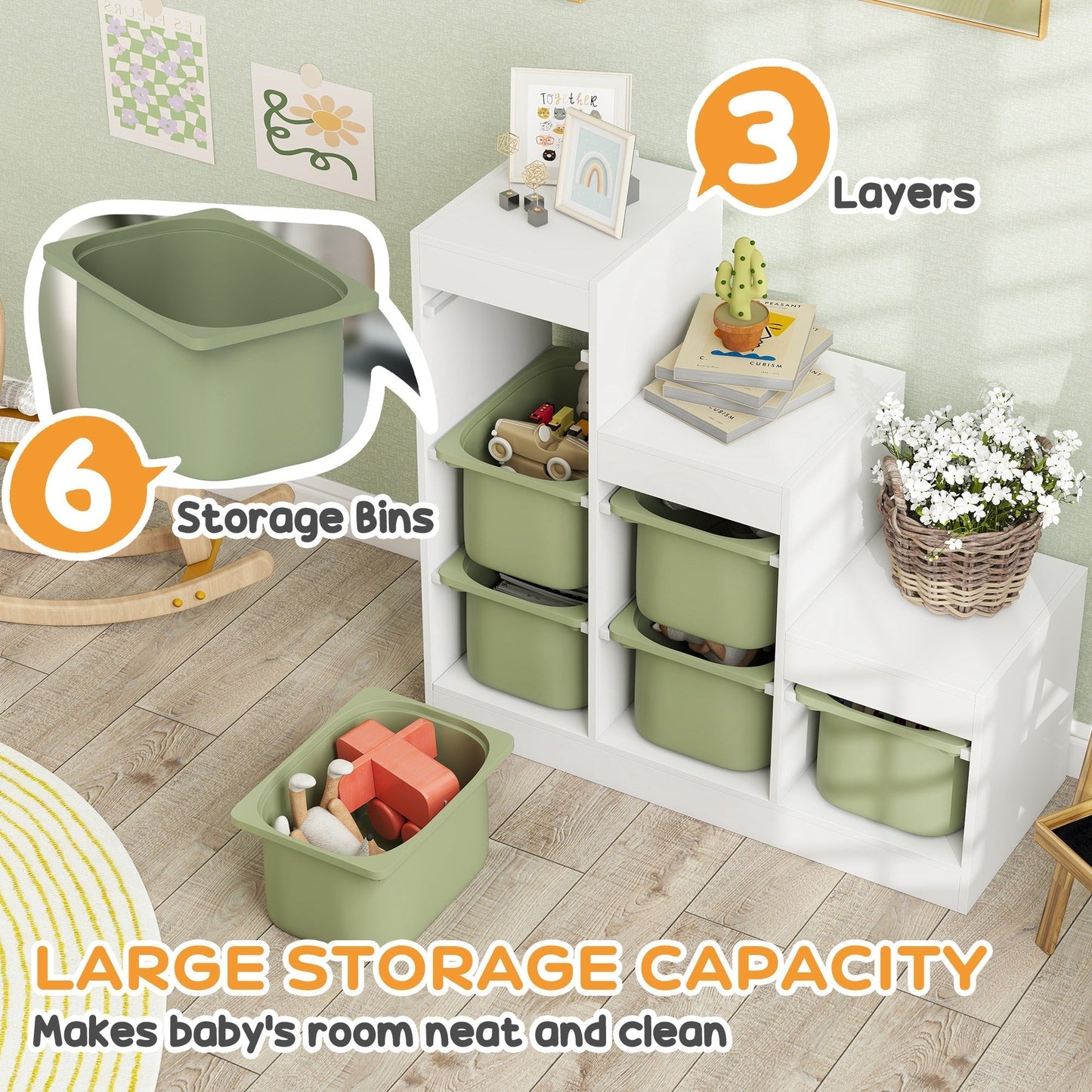 AIYAPLAY Toy Storage Organiser, Three-Layer Kids Toy Storage Units, with Removable Bins, for Ages 3-8 Years, Green