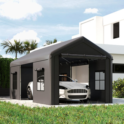 Outsunny 3 x 6 m Heavy Duty Carport, Portable Garage Car Canopy Tent with Galvanised Frame, Doors, Windows, Dark Grey