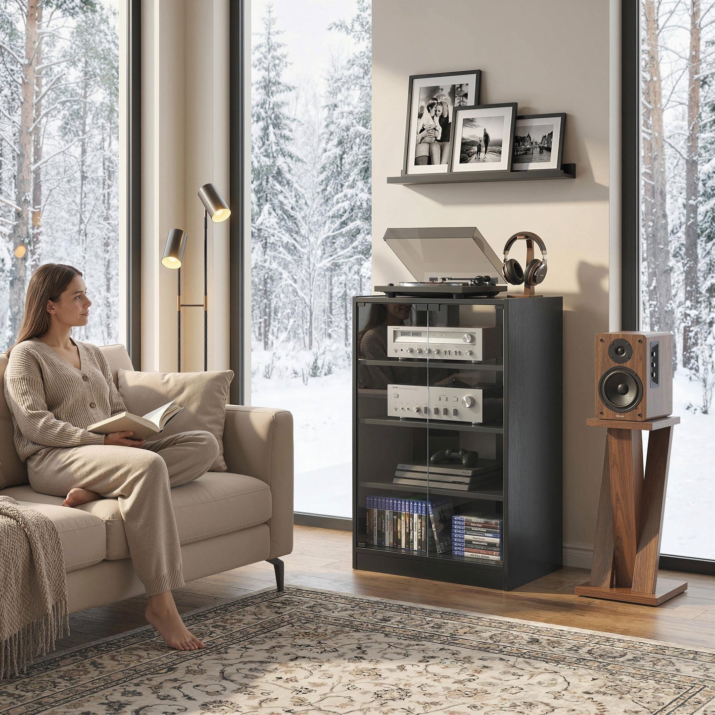 HOMCOM 4-Tier Hi-Fi Stand,  Record Player Stand with Adjustable Shelves and Push-to-Open Glass Doors, Black Wood-Effect