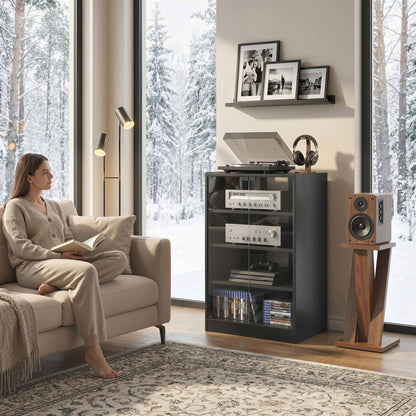 HOMCOM 4-Tier Hi-Fi Stand,  Record Player Stand with Adjustable Shelves and Push-to-Open Glass Doors, Black Wood-Effect