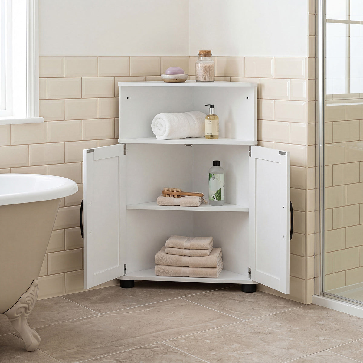 Farmhouse Bathroom Corner Storage Cabinet-White
