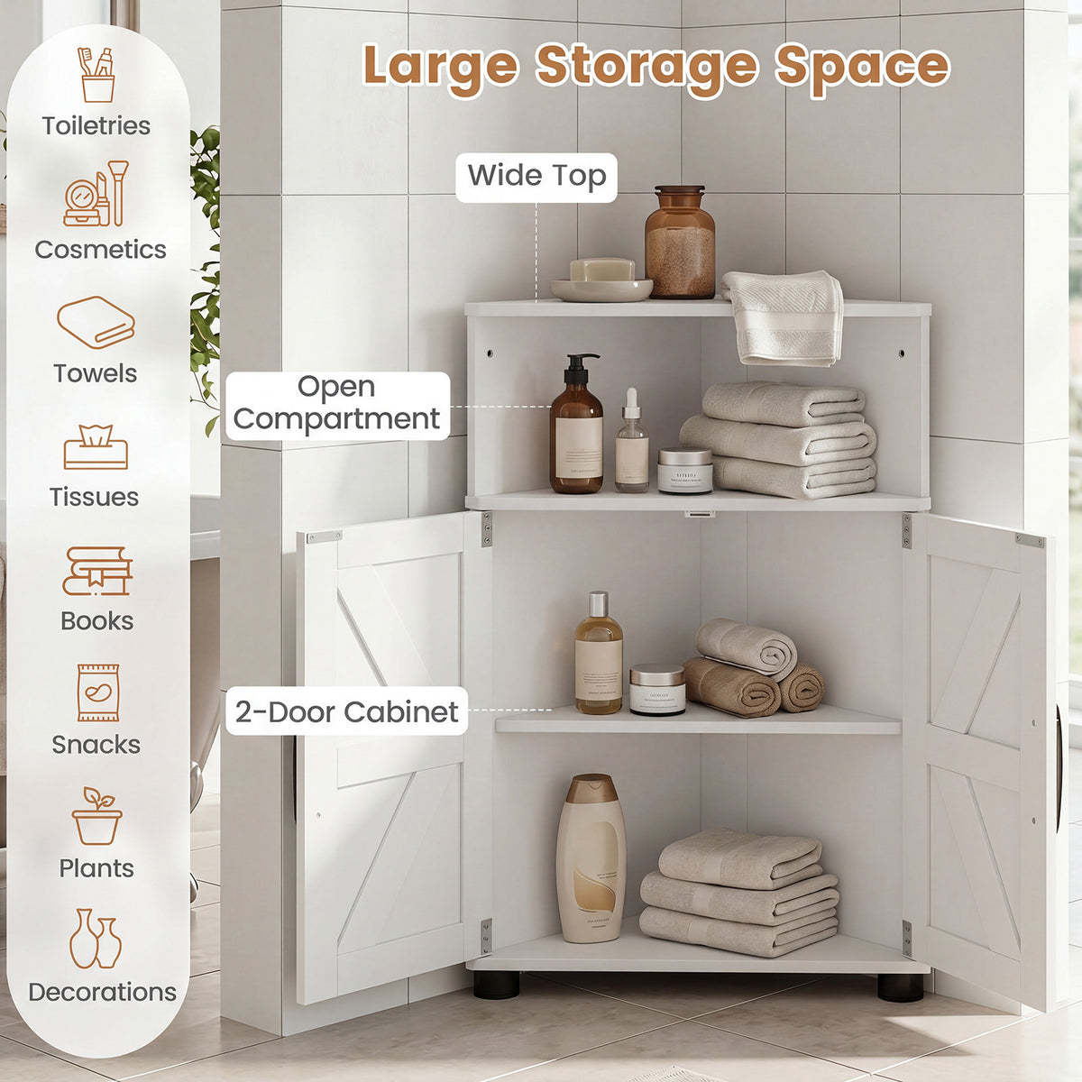 Farmhouse Bathroom Corner Storage Cabinet-White
