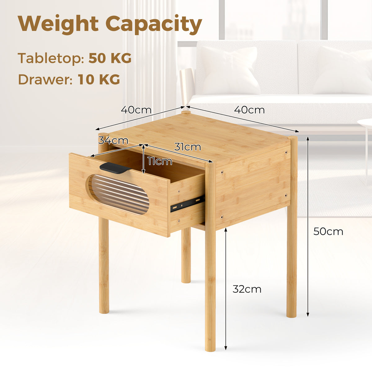 Farmhouse Bedside Table Nightstand Set of 2 with Tempered Glass Decorated Drawer-Nautral
