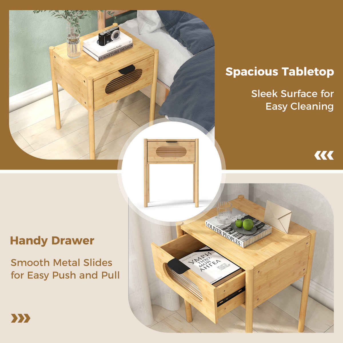 Farmhouse Bedside Table Nightstand Set of 2 with Tempered Glass Decorated Drawer-Nautral