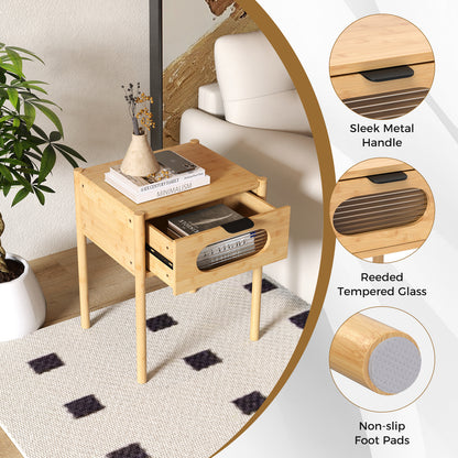 Farmhouse Bedside Table Nightstand Set of 2 with Tempered Glass Decorated Drawer-Nautral