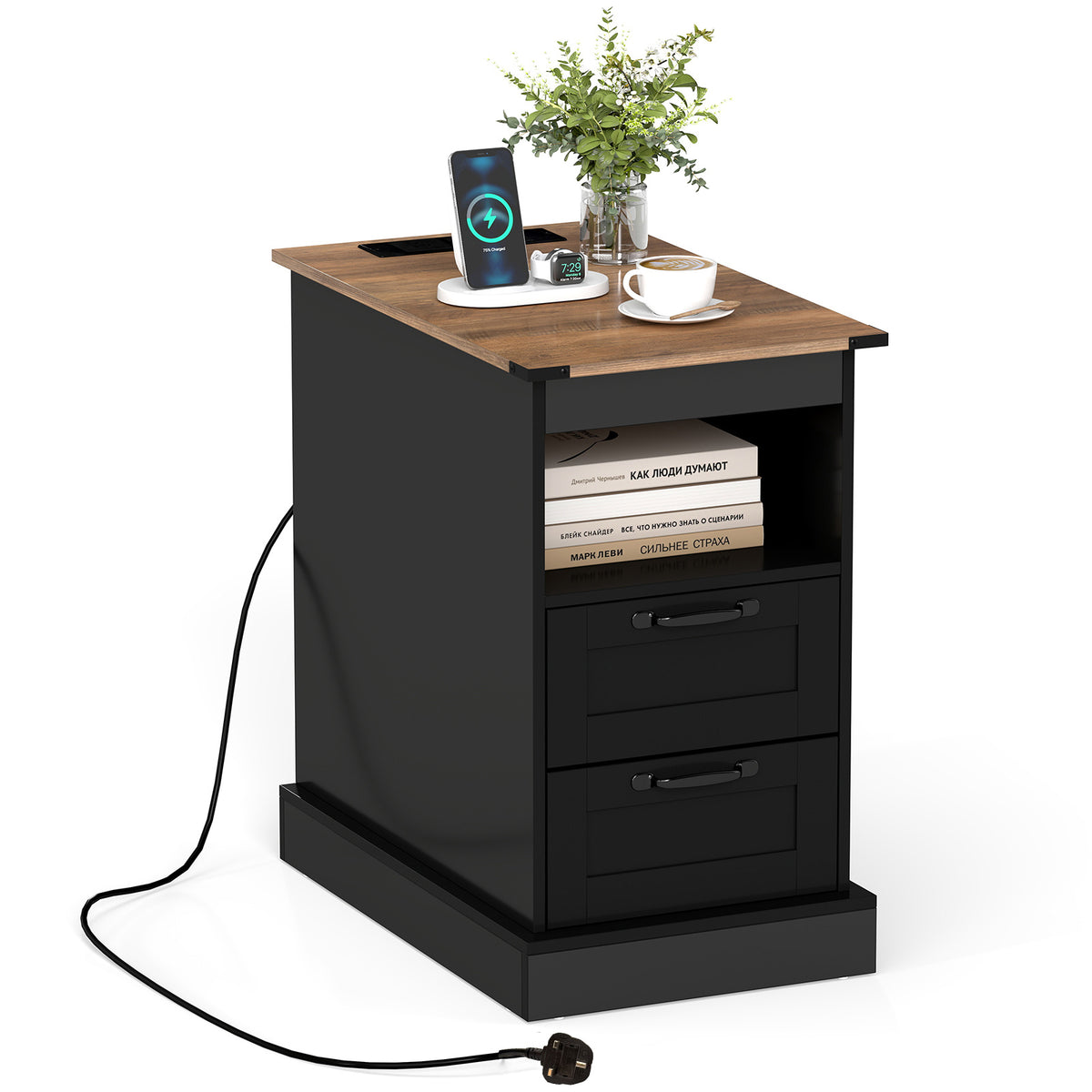 Farmhouse Nightstand with Charging Station and 2 Drawers-Black