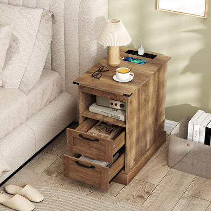 Farmhouse Nightstand with Charging Station and 2 Drawers-Rustic Brown