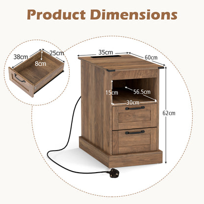 Farmhouse Nightstand with Charging Station and 2 Drawers-Rustic Brown