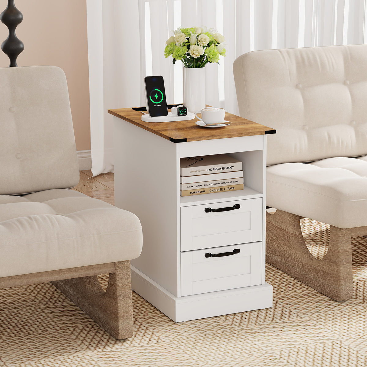 Farmhouse Nightstand with Charging Station and 2 Drawers-White