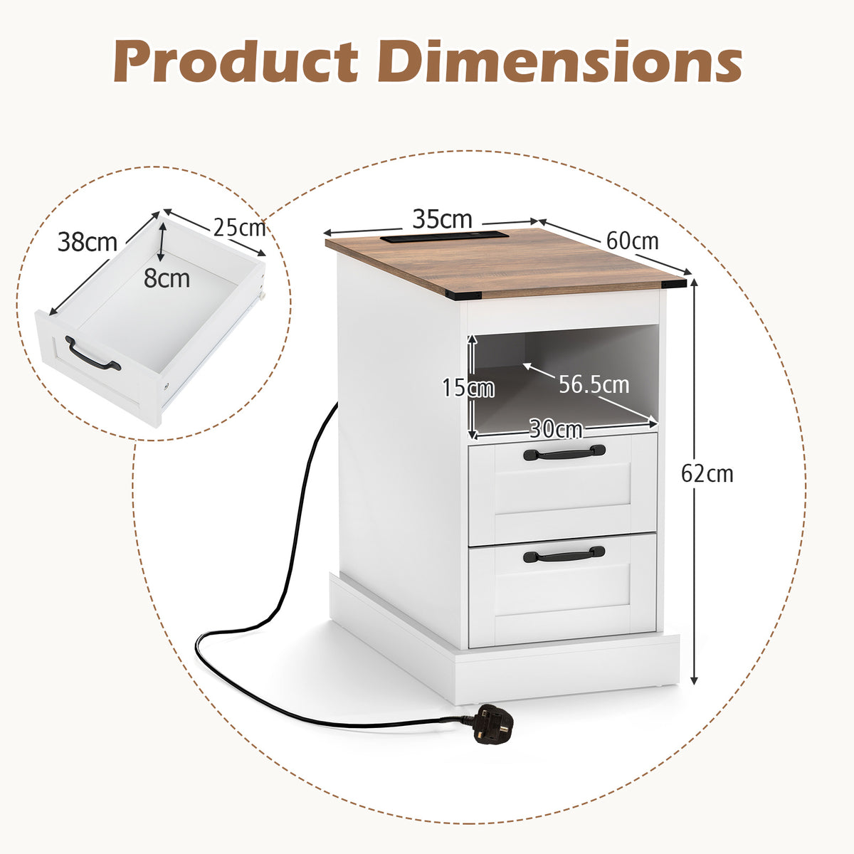 Farmhouse Nightstand with Charging Station and 2 Drawers-White