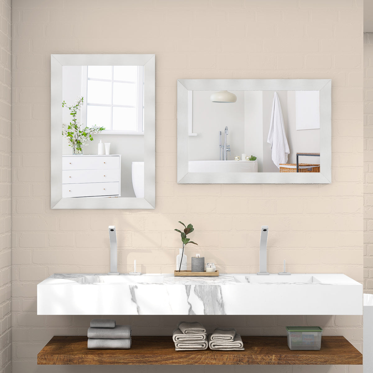 Farmhouse Wall Mirror Rubber Wood Rustic Style Wall Mirror-White