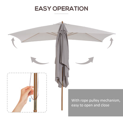 Outsunny 2 x 3m Wooden Garden Parasol Umbrella Outdoor Sun Shade Canopy, Table Market Umbrella with Vent, 38 mm Pole, Rope Pulley Mechanism, Light Grey