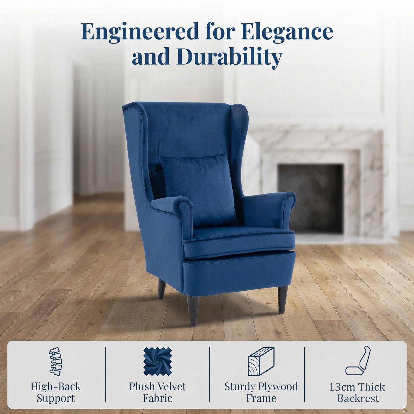 HOMCOM Modern Accent Chair with High Backrest and Pillow, Velvet-Feel Fabric Reading Chair with Solid Wood Legs, Blue
