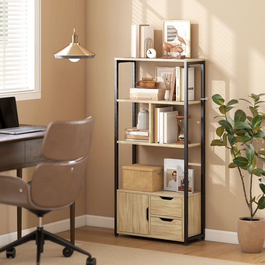 The four-tier bookcase styled with books and decor in a home office setting