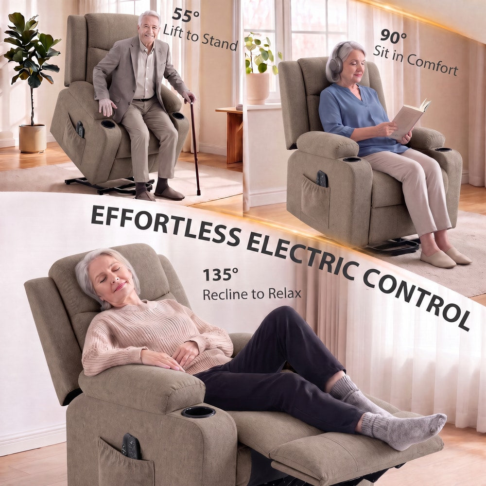 HOMCOM Riser Recliner Chair with Massage and Heat, Linen Electric Lift Armchair for Elderly with Spring Cushion, Brown