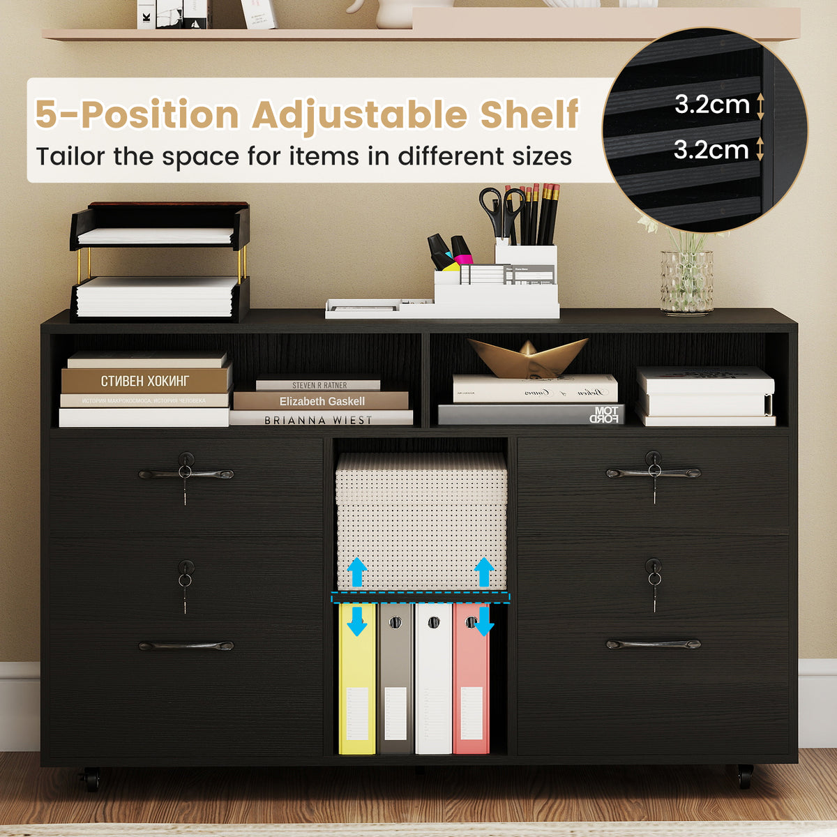 File Cabinet with Lock Mobile Lateral Filing Storage Organizer-Black
