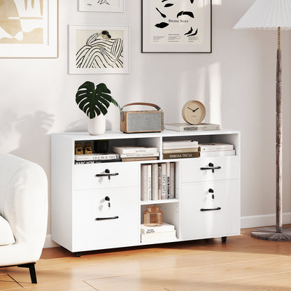 File Cabinet with Lock Mobile Lateral Filing Storage Organizer-White