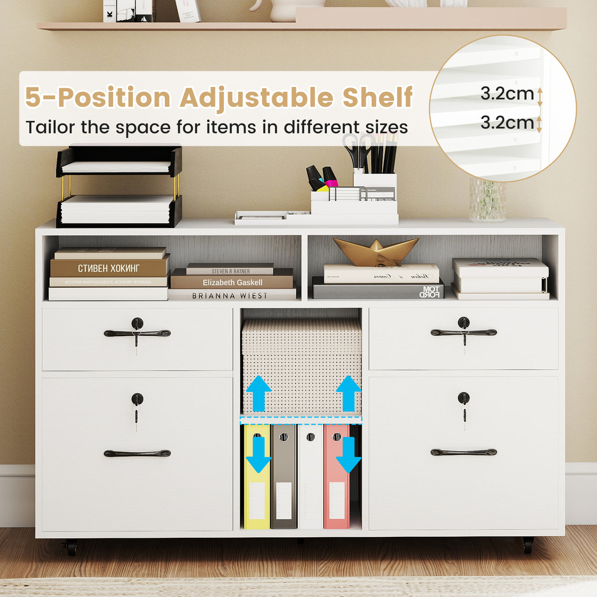File Cabinet with Lock Mobile Lateral Filing Storage Organizer-White