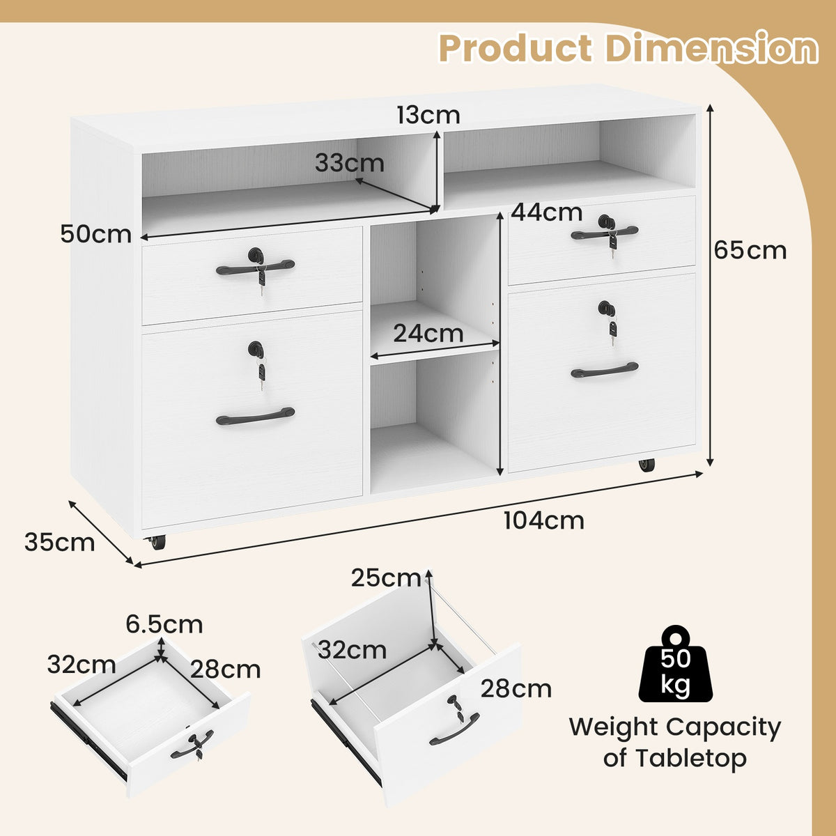 File Cabinet with Lock Mobile Lateral Filing Storage Organizer-White