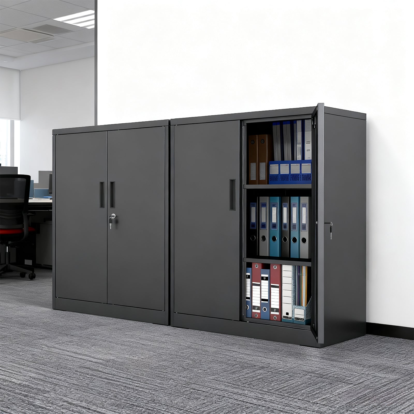 File Pantry Cabinet Steel Storage Organizer with 2 Lockable Doors-Black