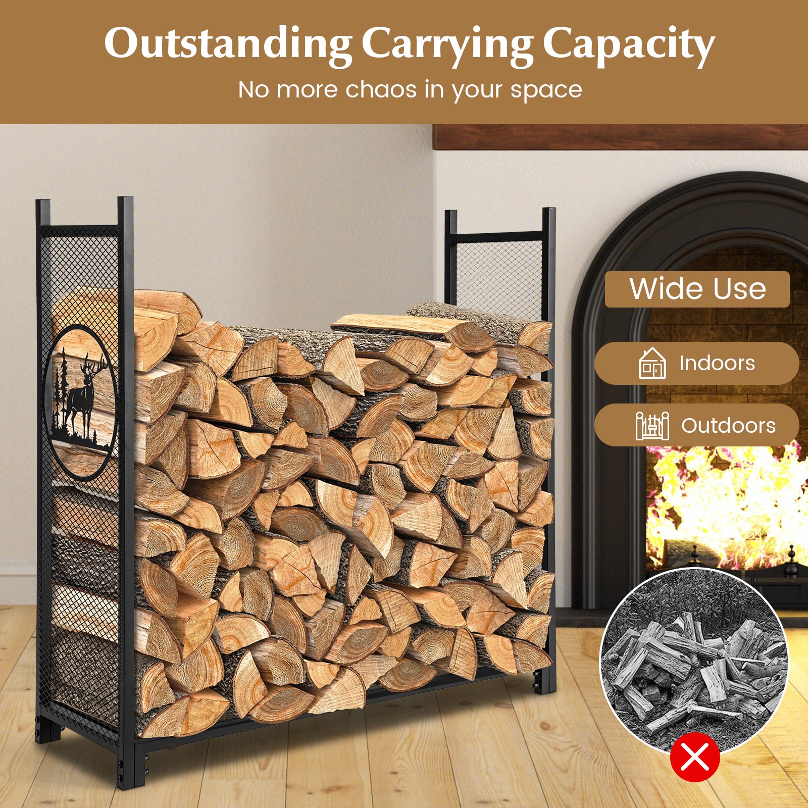 Firewood Rack Stand with Mesh Sides and Deer Tree Patterns